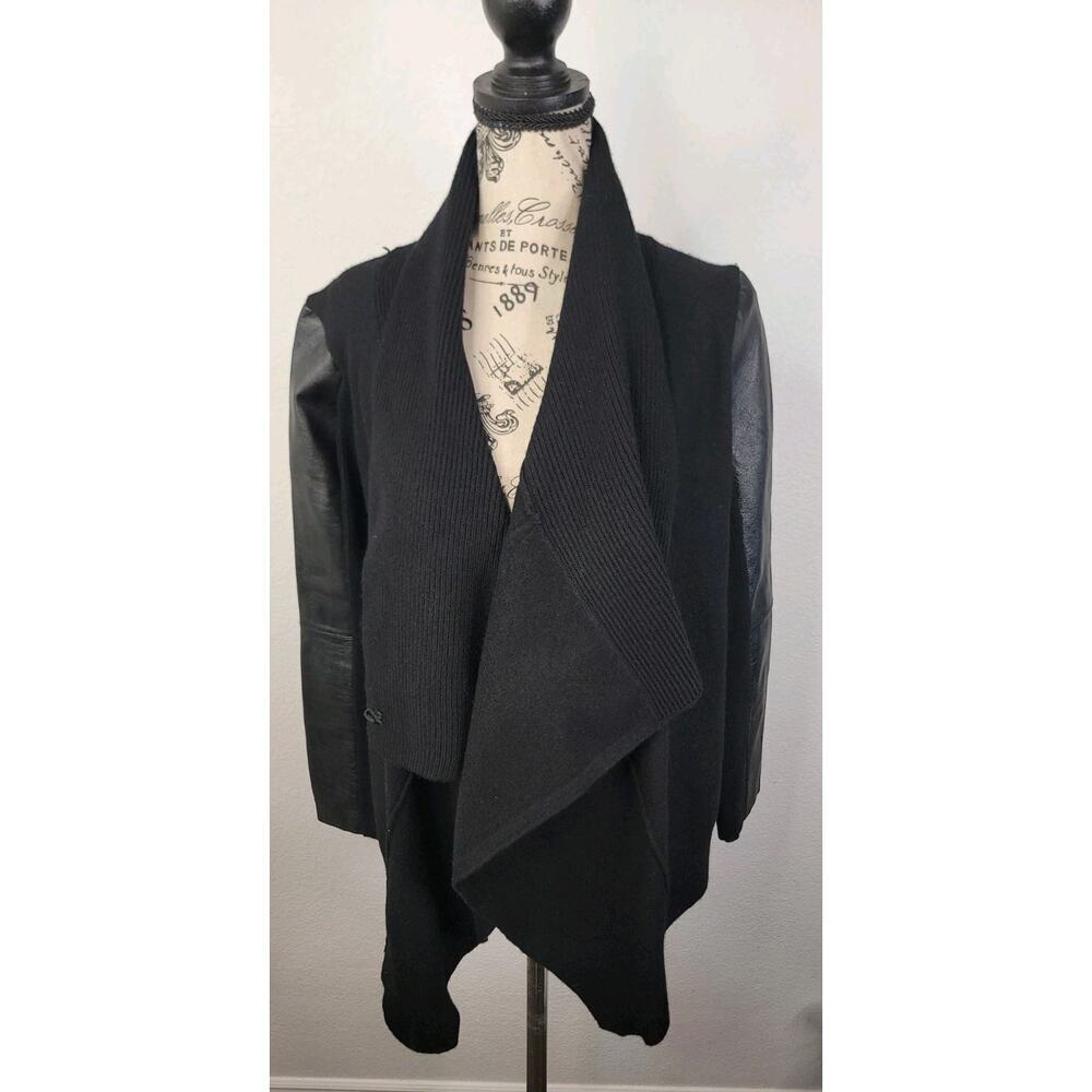 AllSaints Lucia Merino Wool And Leather Cardigan Sz M Relaxed Fit Black - Picture 3 of 14